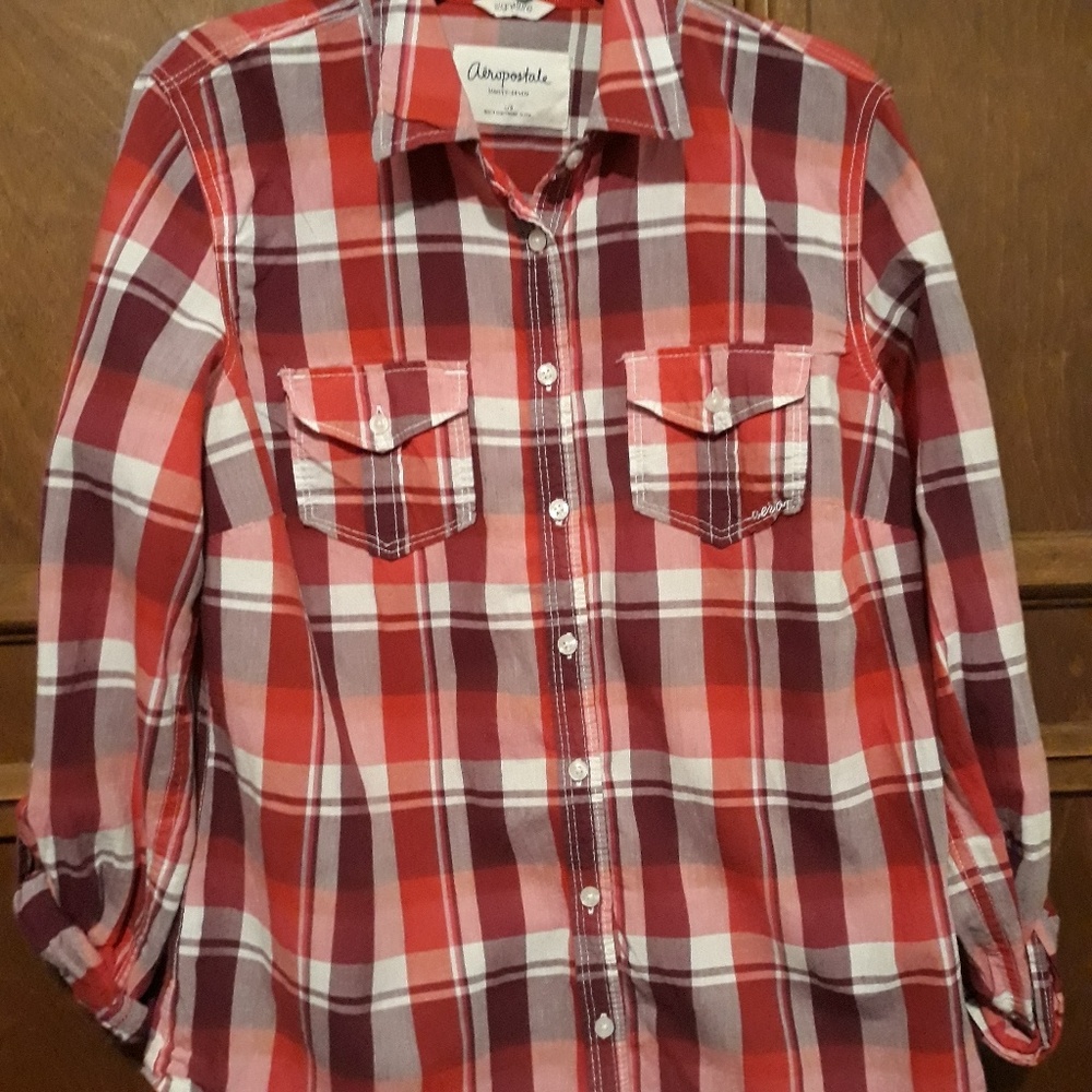 An Aerostatle button down plaid shirt